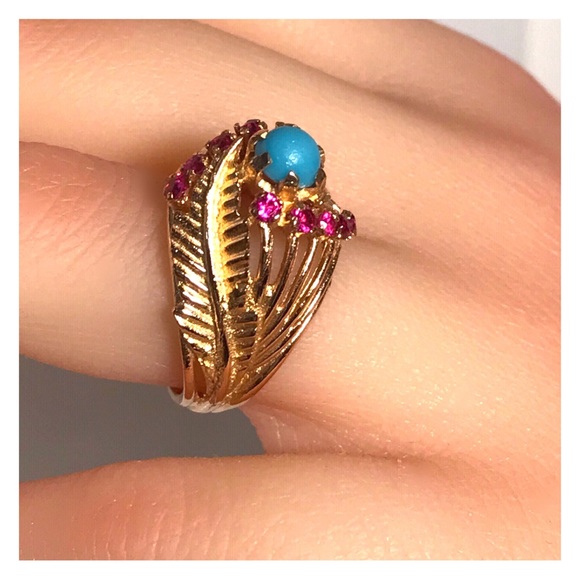 18KT SOLID GOLD ANTIQUE TURQUOISE & RUBY RING - 7.65 GRAMS!! - Picture 6 of 13